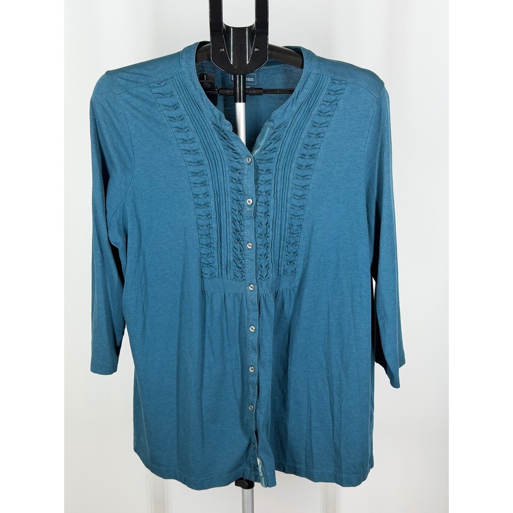 L.L. Bean Womens XL Teal Blue Pintuck Button Front 3/4 Sleeve Knit Top
